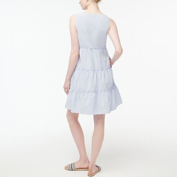 J.Crew Blue Striped Cotton Seersucker Ruffle Mini Dress Size 8 - Picture 10 of 12